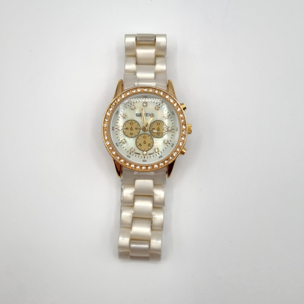 Geneva Gold Tone Rhinestone Watch – Faux Mother of Pearl Band – Working